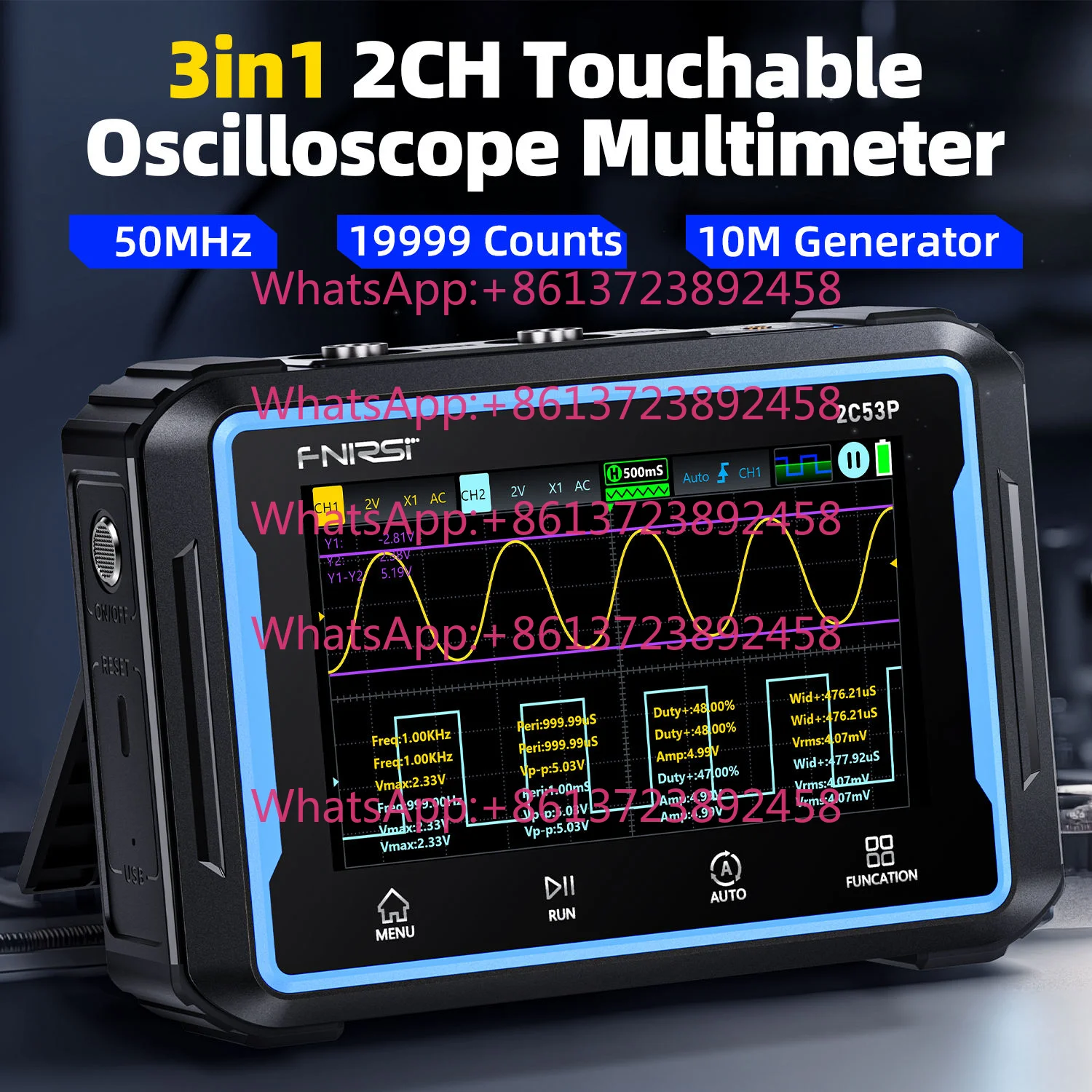 Fnirsi 2C53P Digital Oscilloscope With 50MHz Real-Time Sampling Rate 2 Channels 250MSa/s 4.3-inch Large Screen 3-in-1 Multimeter