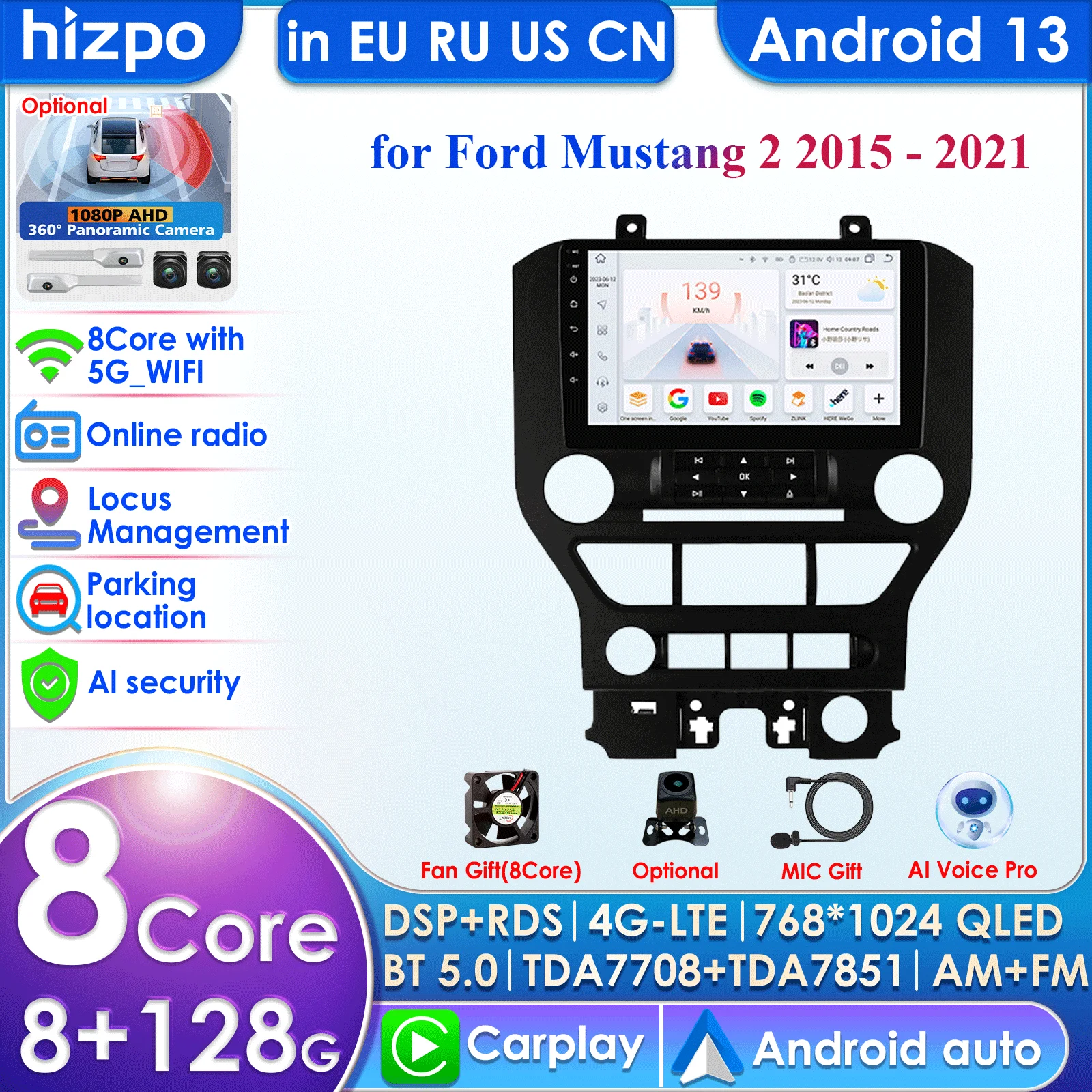 Hizpo Car Intelligent Systems Carplay Android Car Radio for Ford Mustang 2 2015-2021 Multimedia Video Player WIFI 7862 Autoradio