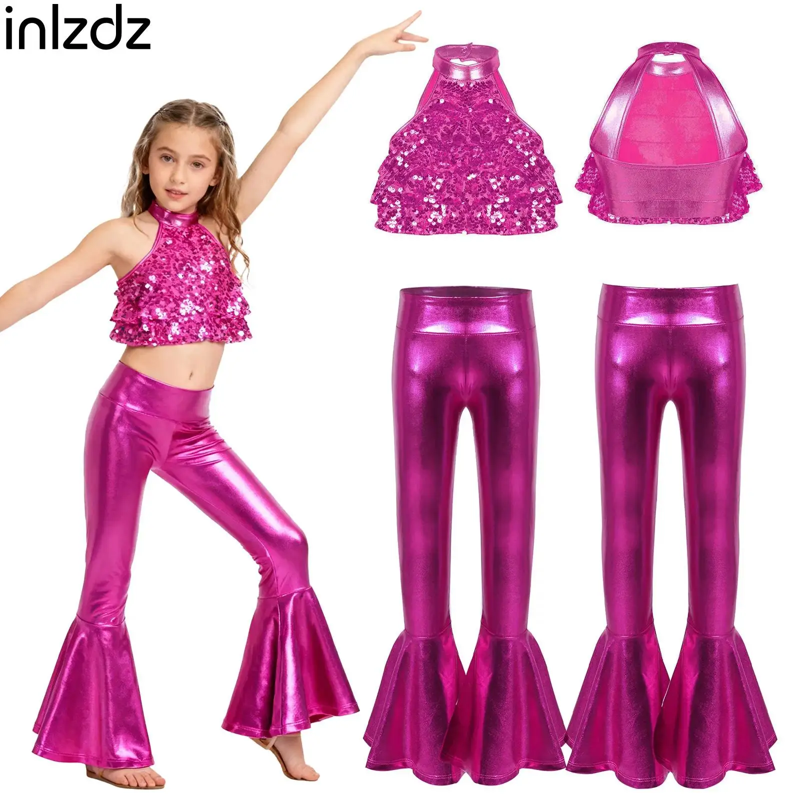

Teens Girls Jazz Latin Dance Outfit Kids Stage Show Performance Prom Party Costume Sleeveless Shiny Sequin Crop Top with Pants