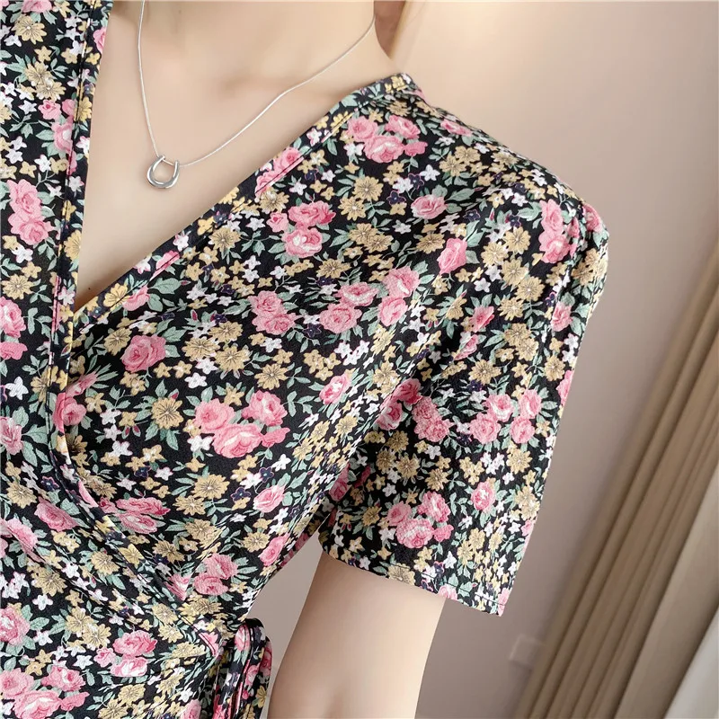 Falda acampanada de cintura alta con cinturón y estampado Floral V-Ne ort Sve Dr ajustada para mujer primavera verano otoño