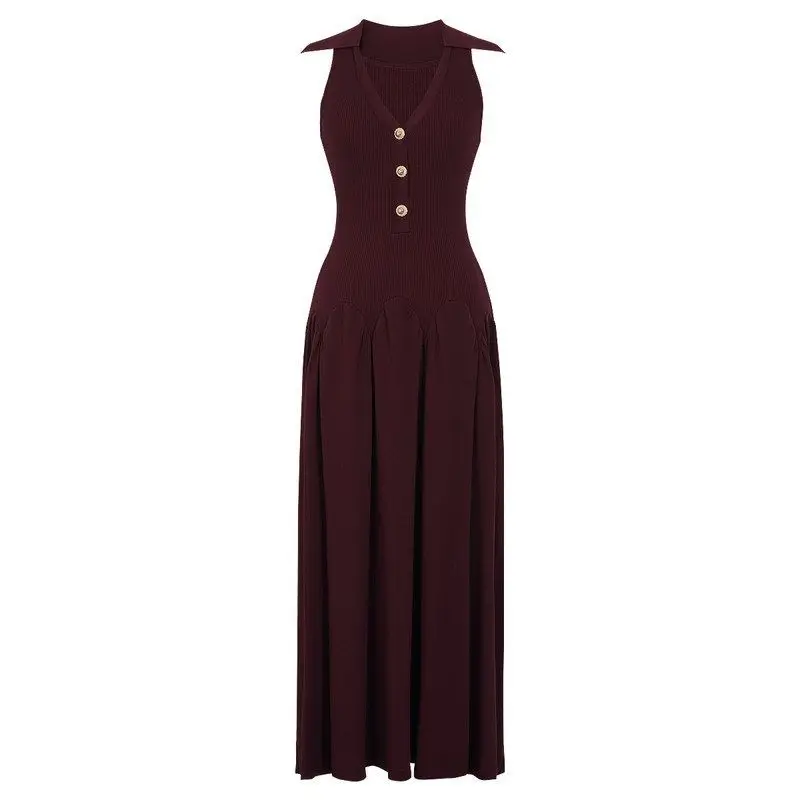 

Elegant V-Neck Sleeveless Long Knitted Dress Ladylike Style Mid-Waist Gown Casual Zipper Closure Slim Fit Summer New Arrival