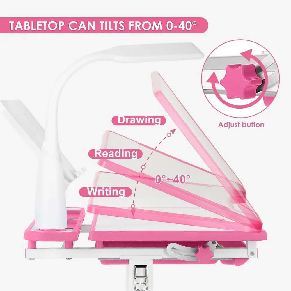 Kids Study Table and Chair Set,Adjustable Girls School Writing Study Table,with Large Writing Board LED Pull Out Drawer