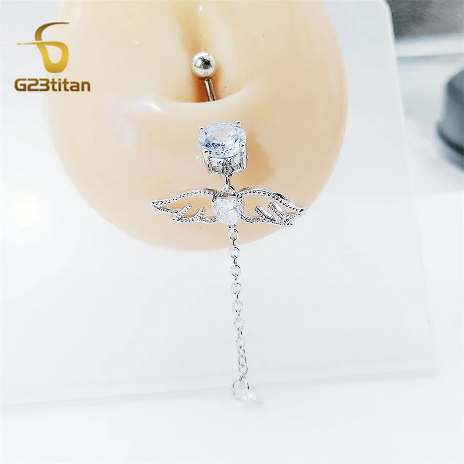 G23Titan تشيكوسلوفاكيا الزركون القلب الملاك الجناح البطن الدائري 14 جرام التيتانيوم منحني الحديد طويل شرابة السرة القرط النساء هيئة ثقب المجوهرات #3