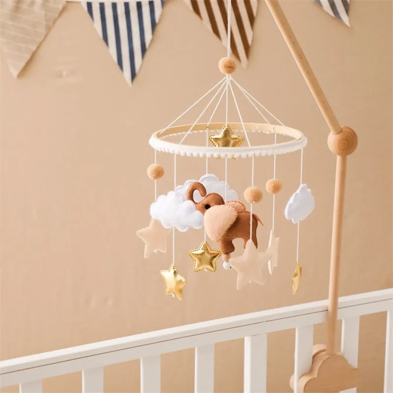 Baby Elephant Hanging Bell Toys Felt Infant Crib Bed Bell Mobile Wooden Newborn Weaving Rattle Toy 0-12 Month Bed Bell Holder