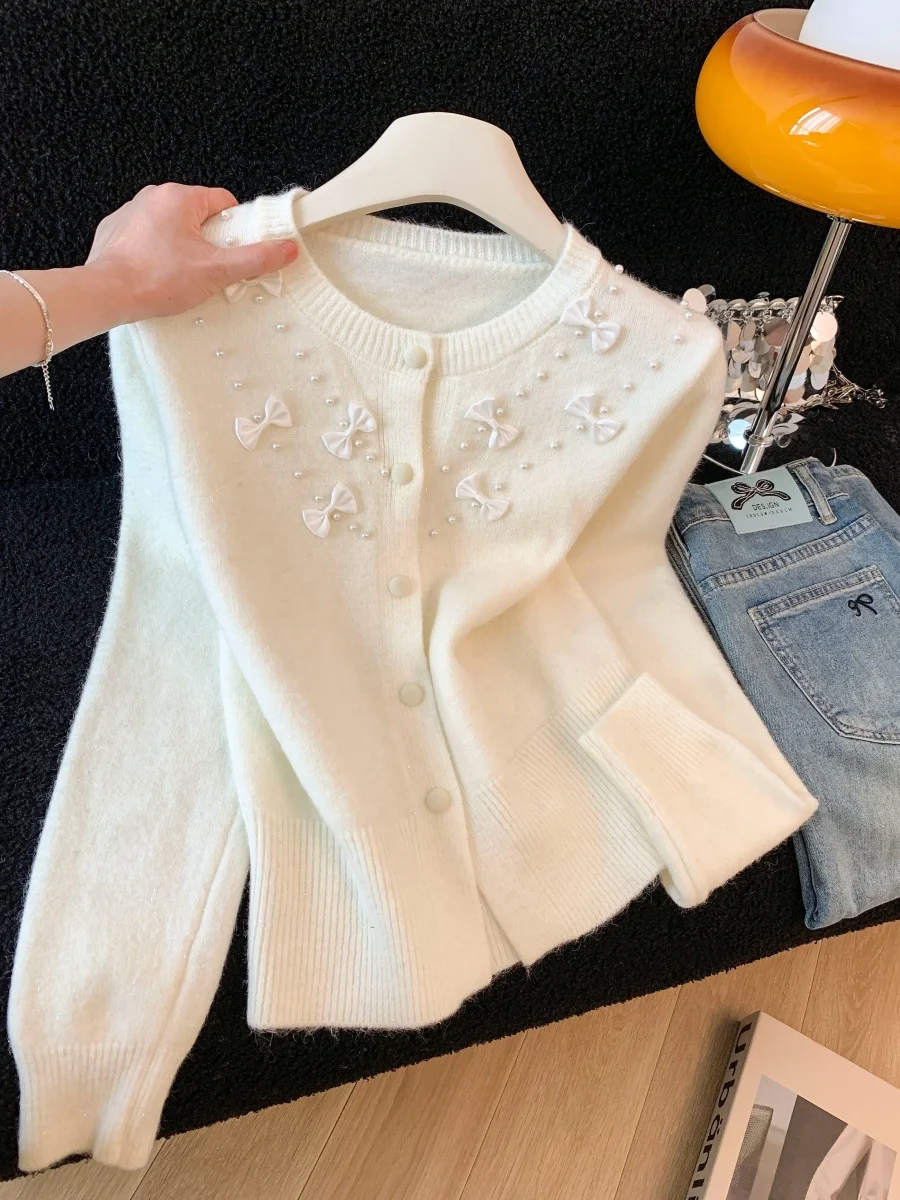 Cardigan ouvert tricoté à nœud rouge pour femme, pull rond avec perles, printemps, automne et hiver, Ne Year, Jaet pour les déplacements