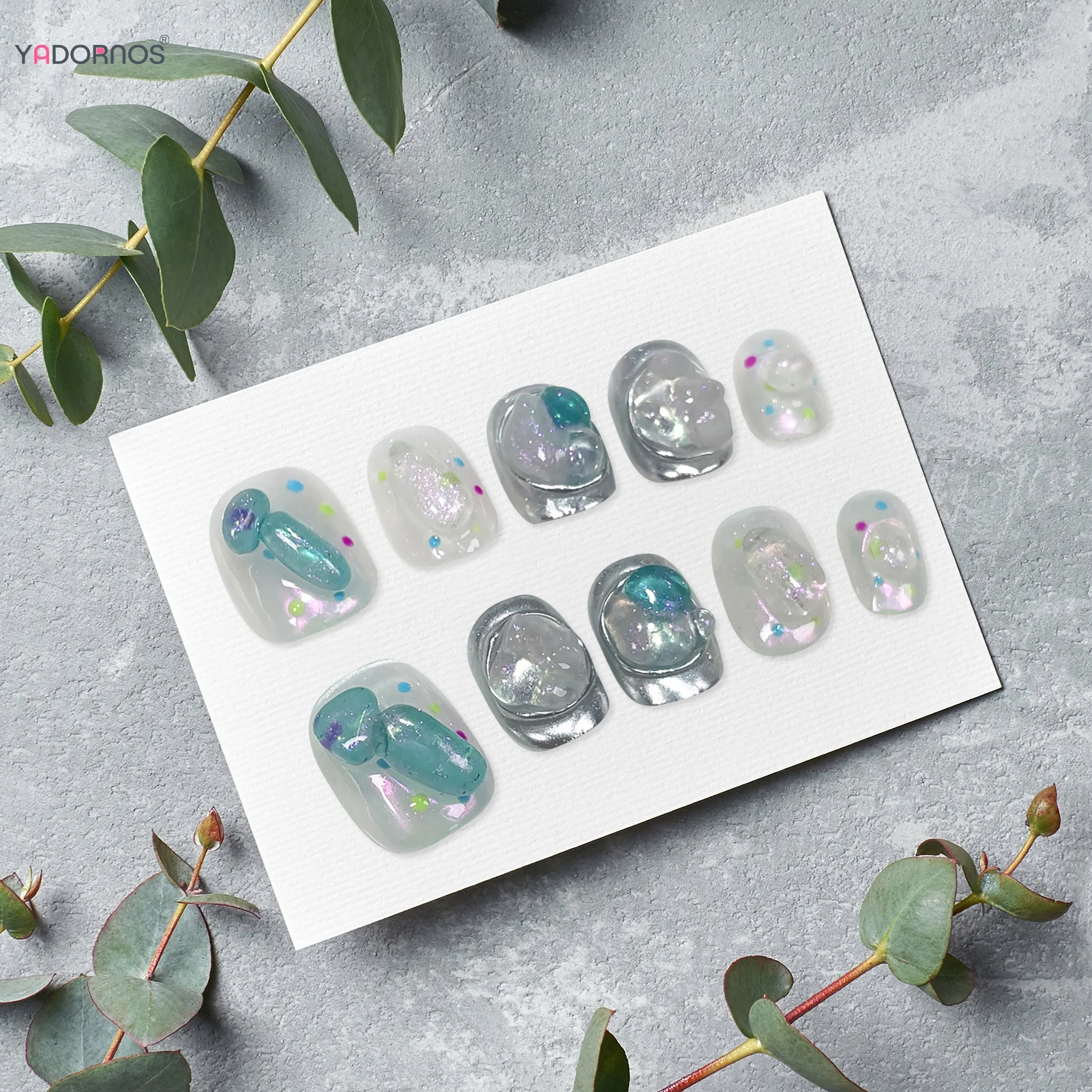 Unhas Postiças Clear Sliver, Curto em torno de unhas quadradas, Imprensa artesanal nos pregos, Glitter Rhinestone Decor, Manicure, Manicure, 10pcs