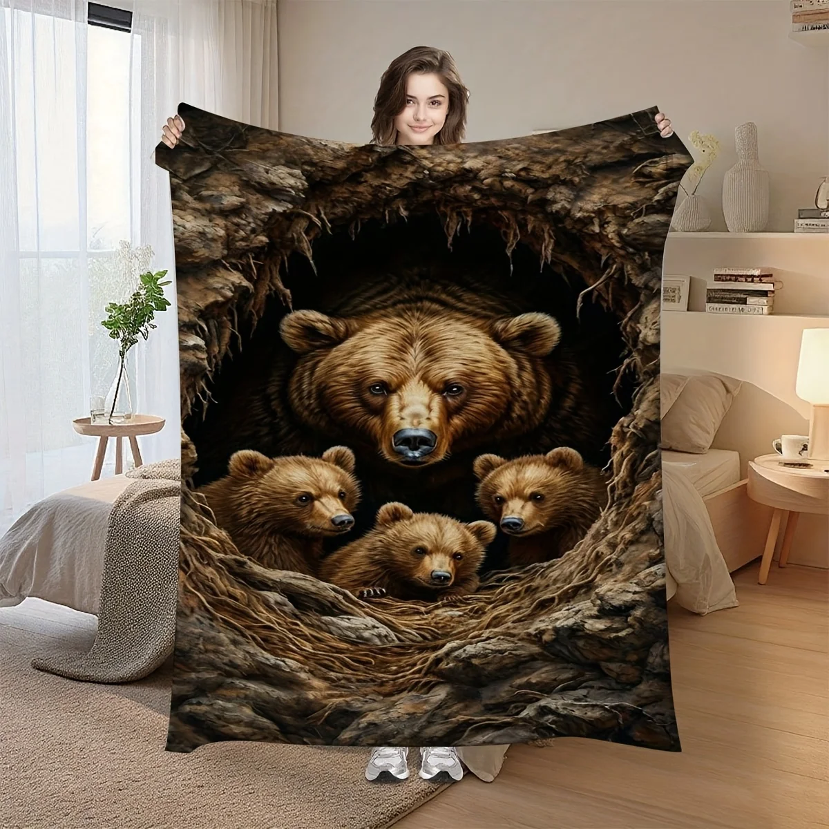 Realistic Bear Cub Nest Throw Blanket Plush Woodland Animal Print Cozy Home Decor Luxury Throw for Sofa Couch