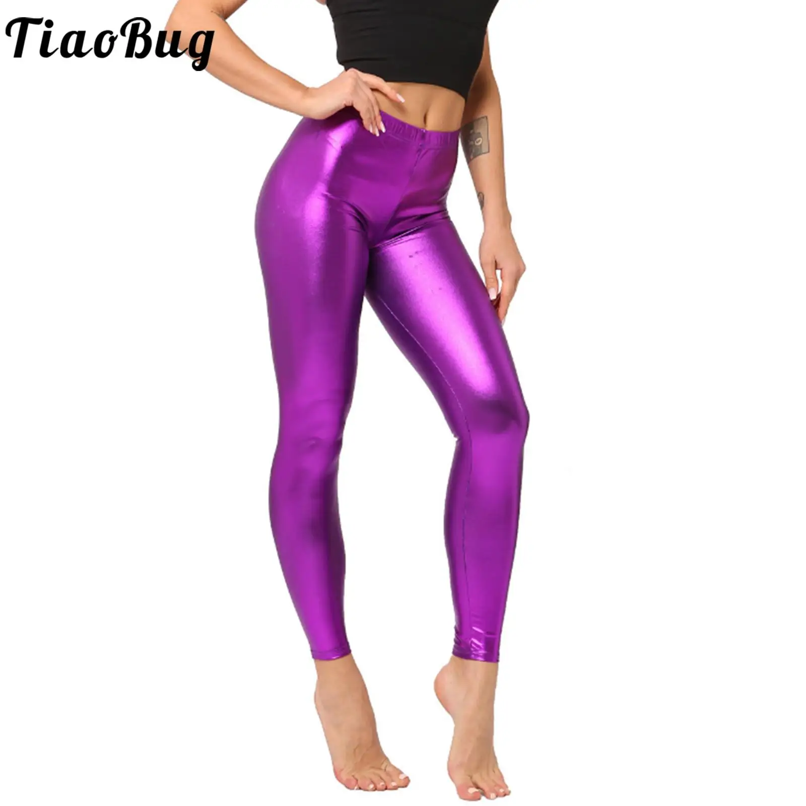 

Women Sexy Shiny Pants Wet Look Full LengthHigh Waist Club Dance Pants Stage Performance Dance Costumes