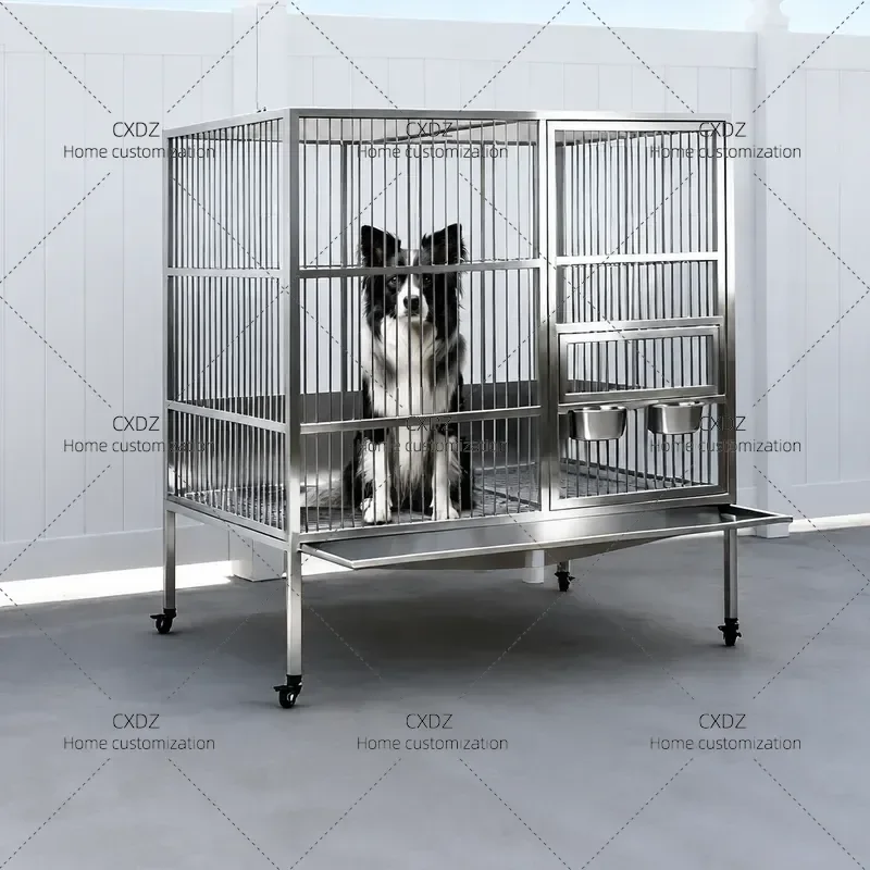 Large Stainless Steel Dog Cage Indoor Household Pet Crate with Toilet Funnel Flush System for Medium to Large Dogs 304