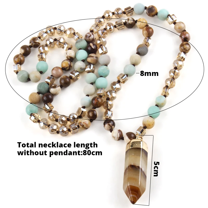 Fashion Bohemian Jewelry 8mm Stone/Glass Knotted Natural Stones Hexagonal Column Dorp Pendant Necklace For Women Festival Gift