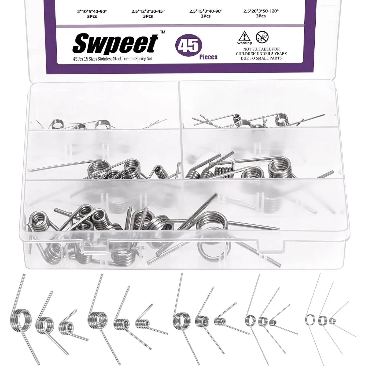 

45Pcs 15 Sizes 45/90/120 Degree Stainless Steel Torsional Springs Assortment Kit for Home Repair Woodworking DIY