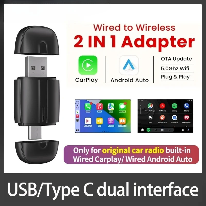Android Auto Wireless Carplay Type-c USB Bluetooth Wifi Plug and Play 2In1 Dongle