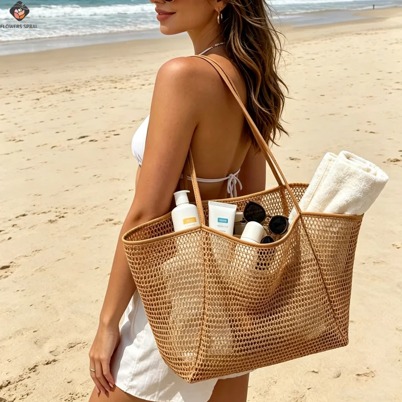 

Women's Large Capacity Beach Handbag - Durable Polyester Woven Shoulder Bag With Open Top, Suitable For Travel And Shopping