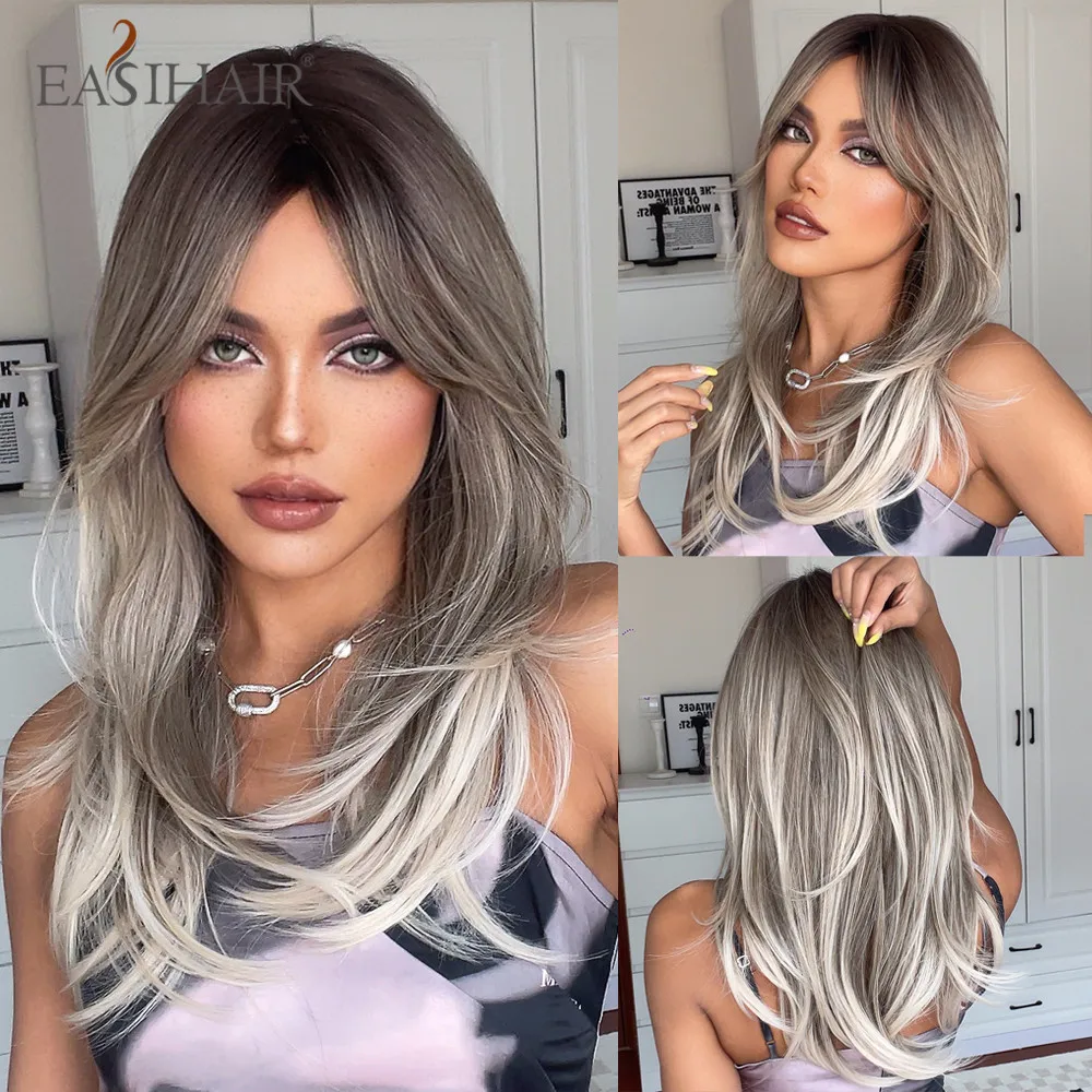 EASIHAIR Ombre Brown Blonde Layered Synthetic Wigs with Bang Long Straight Gray Ash Hair Wig for Women Daily Use Heat Resistant