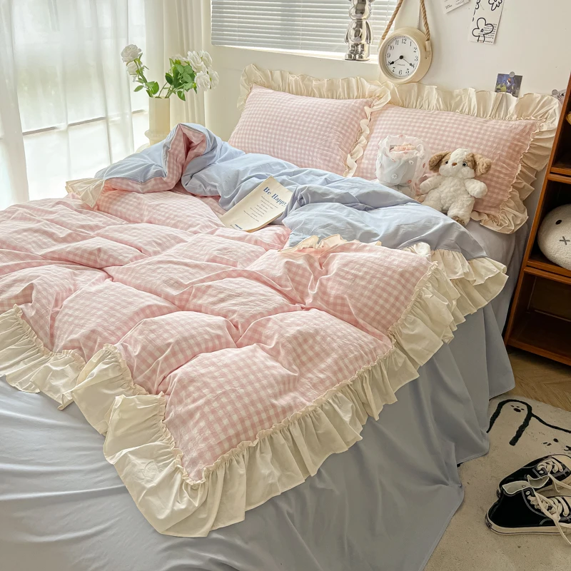 

MissDeer Bed Sheets Set Ruffles Duvet Cover Pillowcase with Sheets Plaid Style Quilt Cover Set Home Bedding Bed Linen Set 이불세트