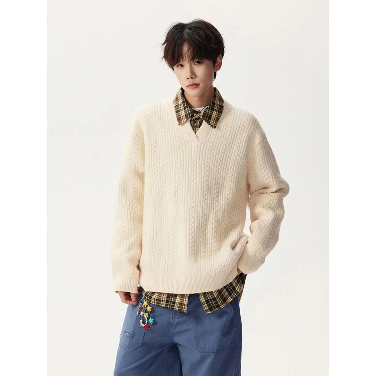 

Korean Sle Small V-Ne Knitted Sweater High Street Lazy Sle Couple Sweater Retro Trendy Brand Teenage Knitwear