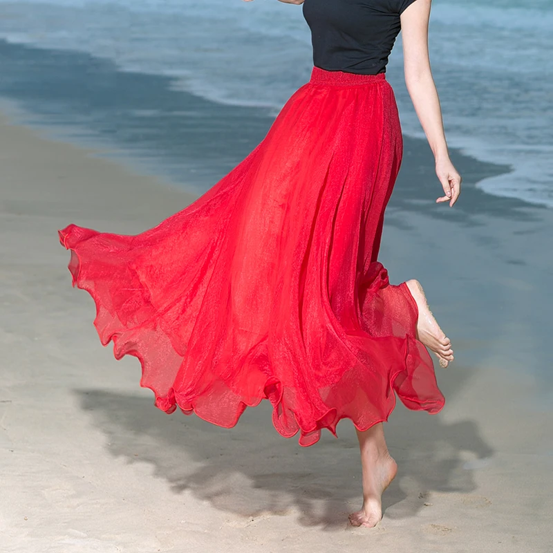 Belly Dance Double-layer Chiffon High-waisted Oriental Dance Skirt 540D Large Wwing Beach Skirt Petticoat Ruffled Dance Skirt