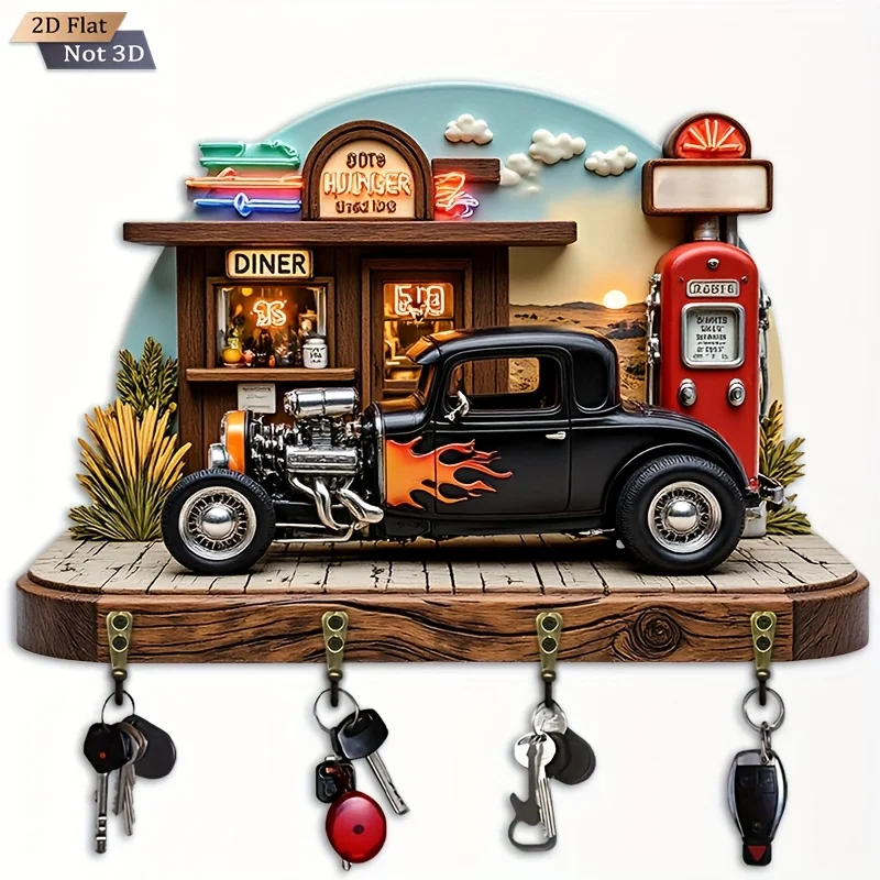 2D Flat.1pc. American Retro Gas Station Flame Vintage Car Themed Key Hook - Multi - functional Decorative Key Rack, with four