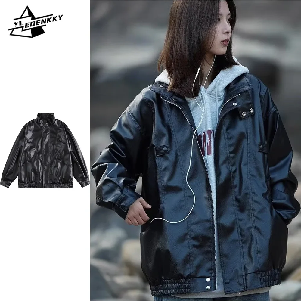 

High Street PU Leather Jacket Men Women Vintage Oversize Locomotive Windbreaker Harajuku Casual Stand-up Collar Cargo Coats New