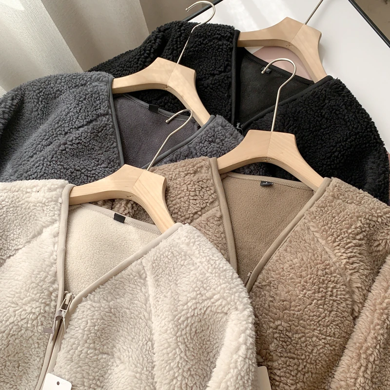 Lamb Fur Women Coats Autumn Winter Solid Thick Warm V-Neck Long-Sleeved Casual All Match Female Outwear Jackets