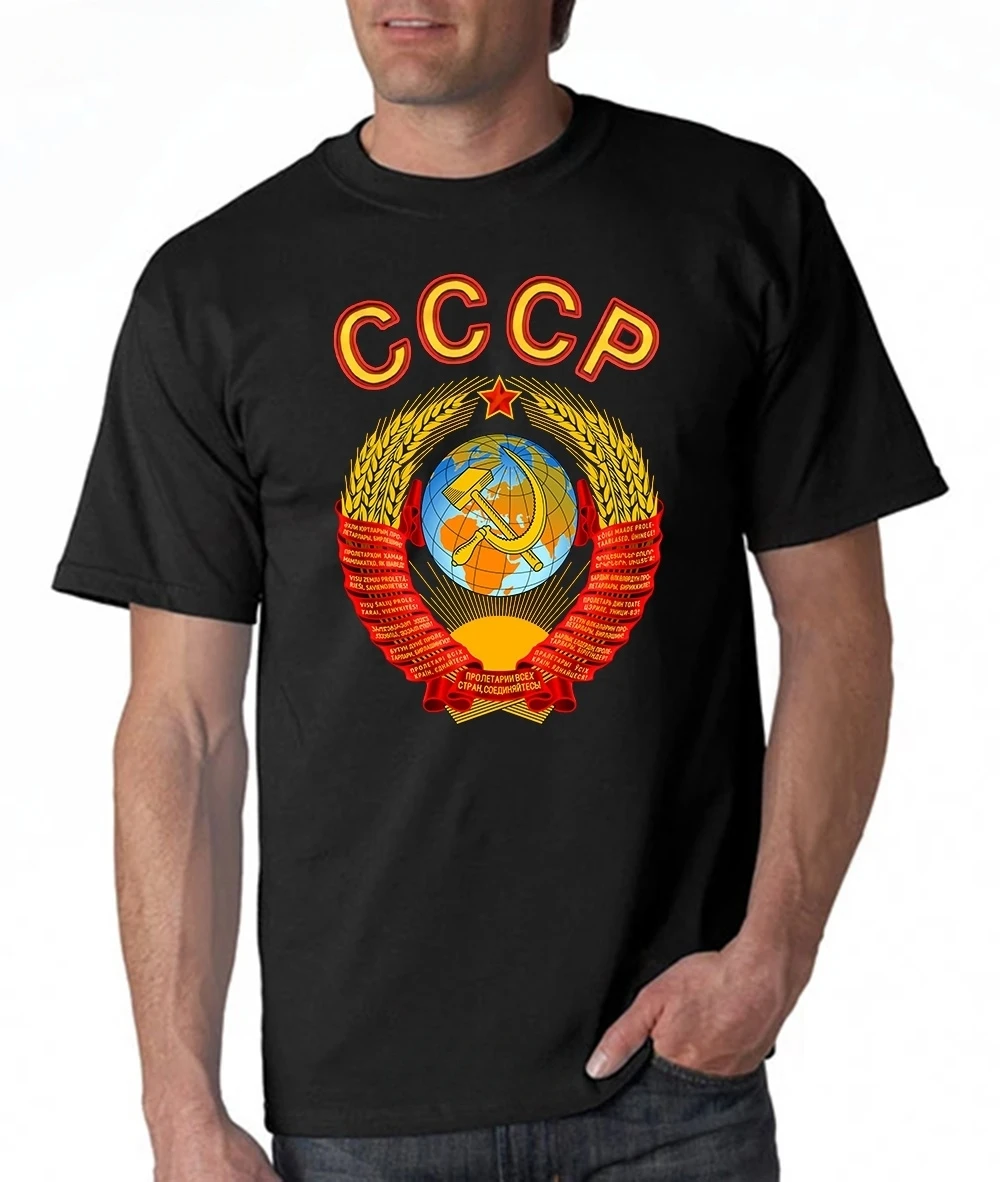 With Ussr Emblem And Anthem Print fashion t-shirt men cotton brand teeshirt Russian Graphic  Cotton Red T-Shirt COTTON