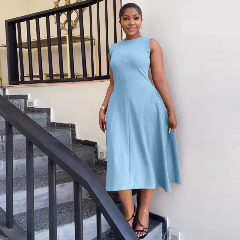 GUWU-vestido liso sin mangas de cintura alta, vestido acampanado con vuelo grande, Vestidos básicos de oficina para mujer, Vestidos de moda para mujer