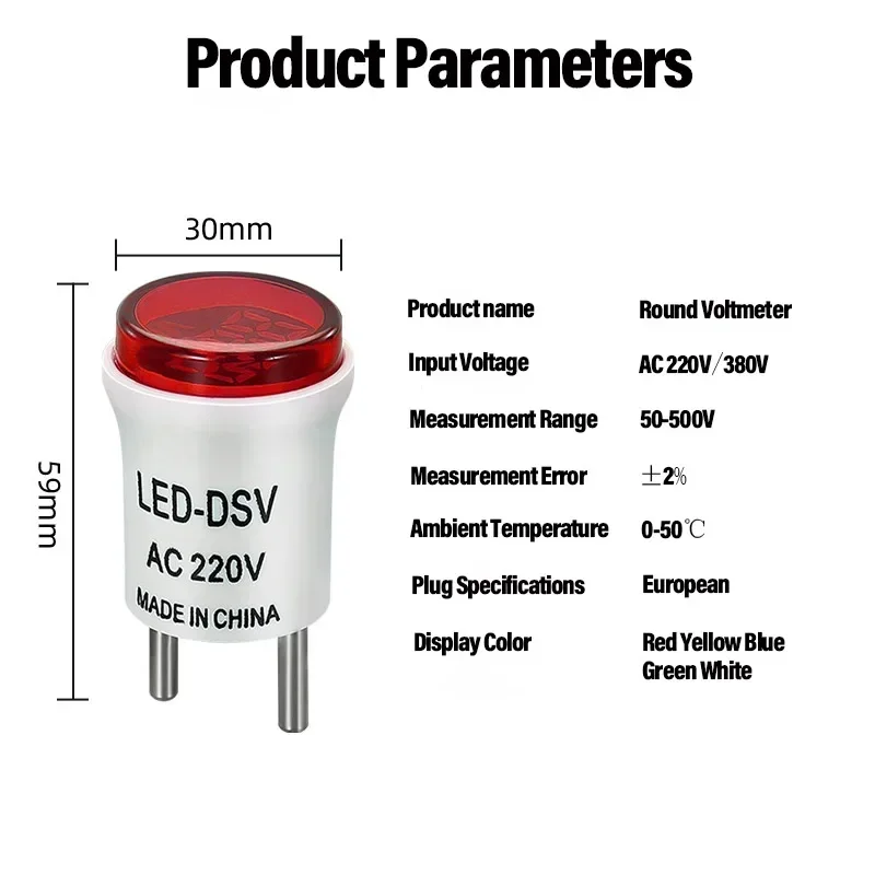 EU Plug LED Digital Voltmeter Ammeter AC 220V 50-500V Square Round Head Voltage Indicator Signal Light Dustproof Seat Tester