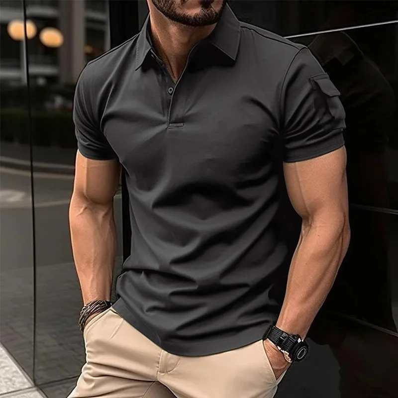 2024 Summer Casual Solid color Short sleeve top Men\'s short sleeve POLO shirt with lapel pocket POLO shirt