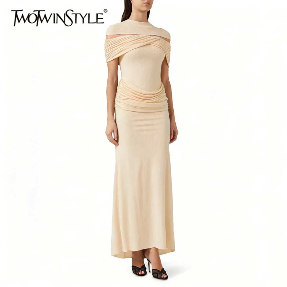 

TWOTWINSTYLE Solid Slimming Spliced Hollow Out Dress for Women Round Nevk Sleeveless Patchwork Folds Dresses Female Fashion New
