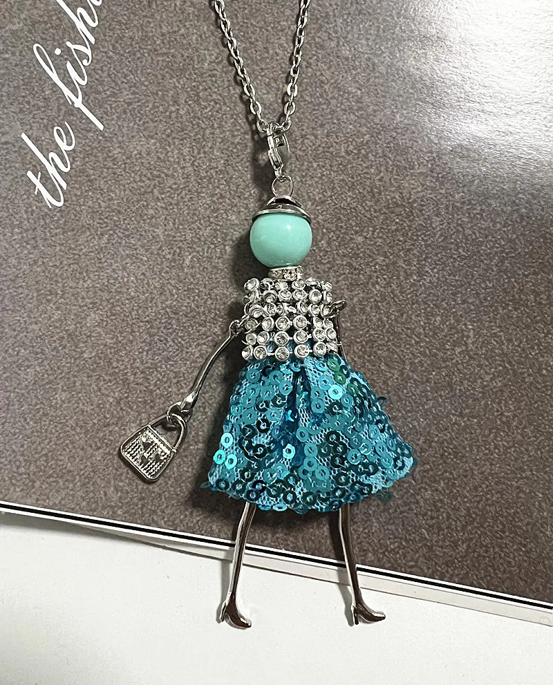 HOCOLE New Cute Doll Necklace Feather Dress Women Fashion Handmade Long Chain Girl Maxi Kids Pendant Necklace Statement Jewelry