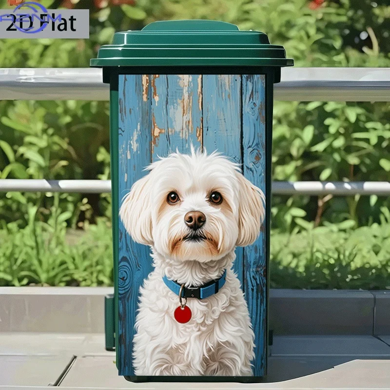 [2D Flat Printing] 1pc Trash Can Sticker [] White Fluffy Puppy Gazing Theme Design Self-Adhesive Kitchen Trash Can Decoration