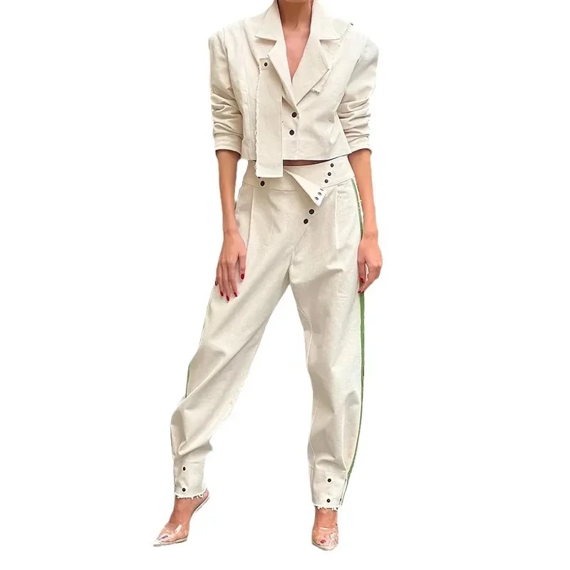 Women Two Piece Sets Turn Down Collar Pant Set Full Sleeve Short Tops High Waist Straight Long Pants Work Splice Matching Sets