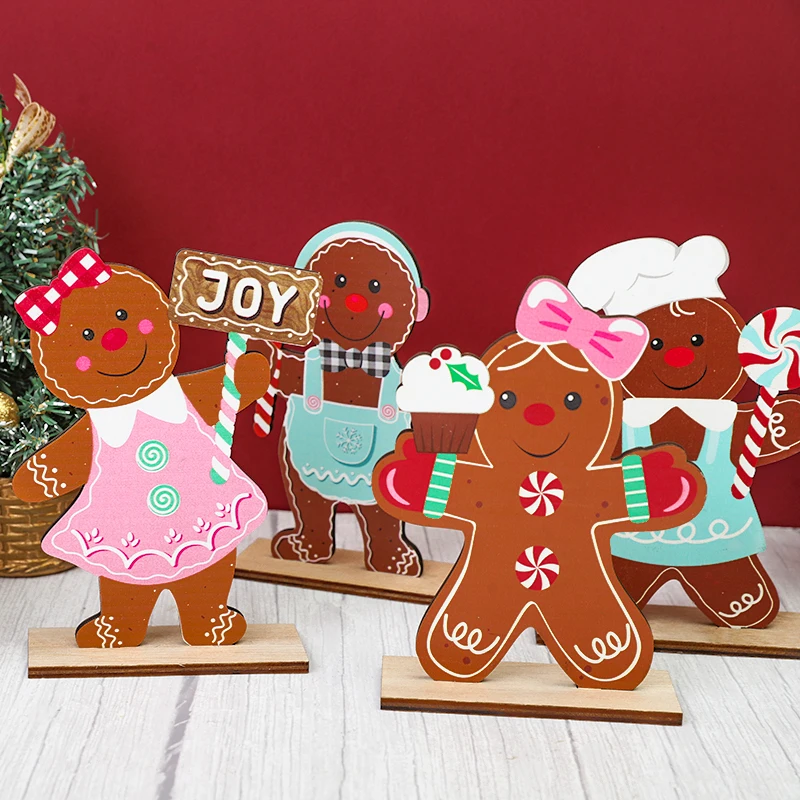 Wooden Christmas Tree Desktop Ornament Gingerbread Man Merry Christmas Wooden Sign Plaque Xmas Decoration for Home New Year Gift