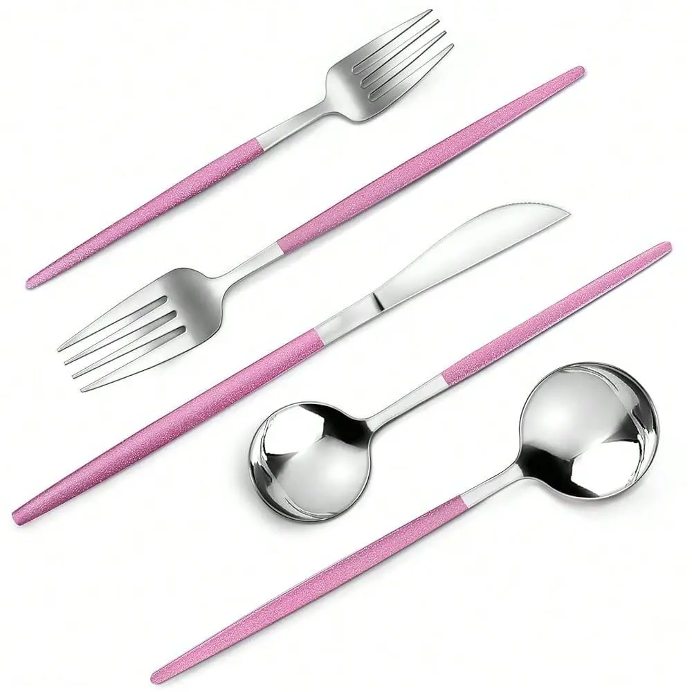 

Silver Rosy Silverware Set, 20Piece Stainless Steel Flatware Set, Satin Finish Tableware Cutlery Set, Service For 4, Home And R