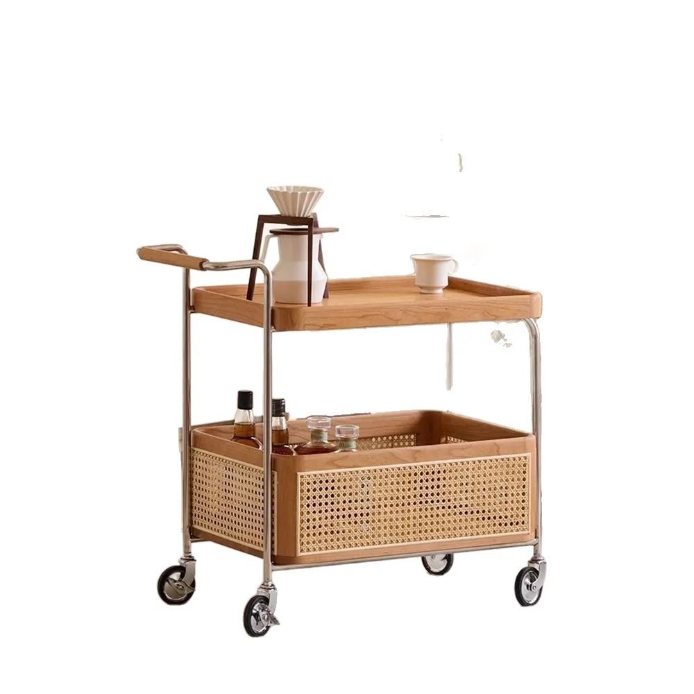 

Modern Rattan Wood 2-Tier Rolling Serving Cart Kitchen Storage Trolley with Wheels Home Decorative Furniture