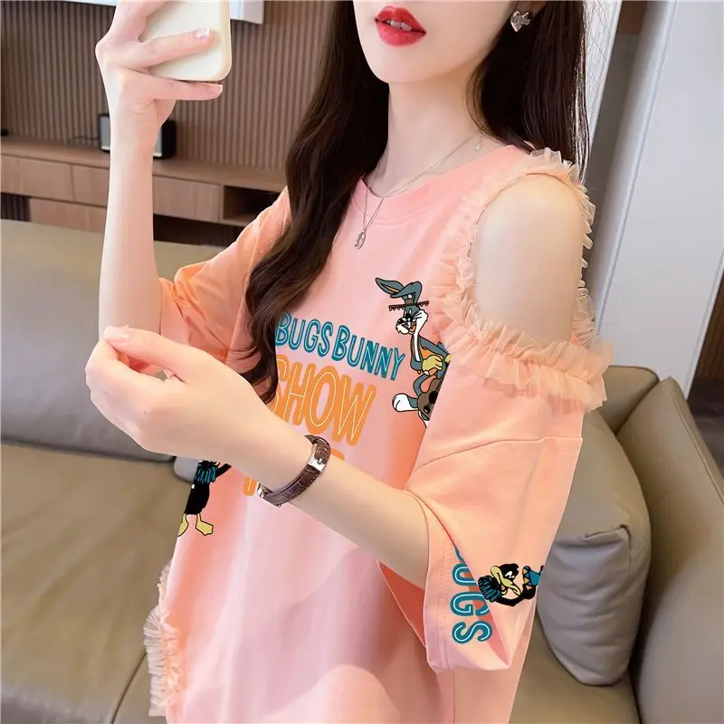 

Plus Size Women's Off Shoulder Short Sleeve T-Shirt with Lace and Open Split Design