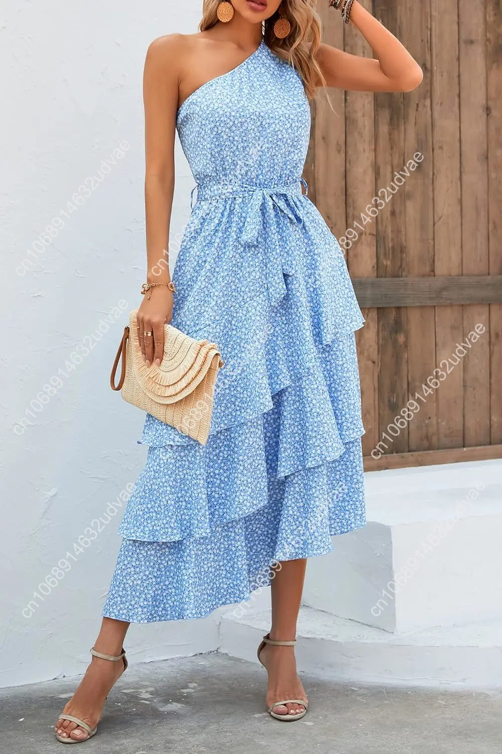 Vestido veraniego floral de verano para mujer, informal, con un hombro, con volantes escalonados, fluido, midi, vestidos bohemios de playa