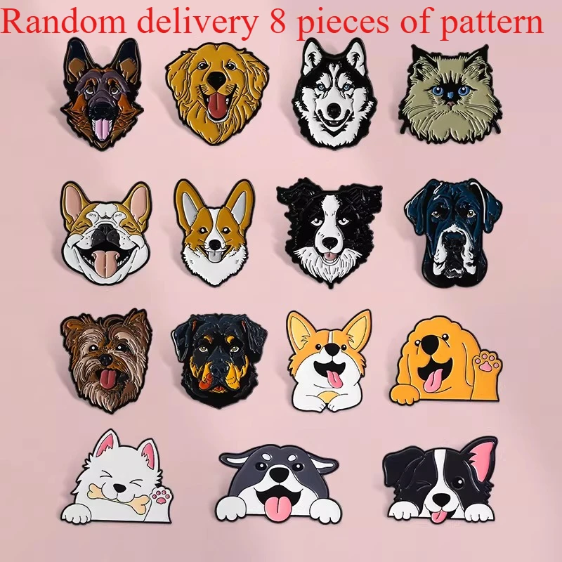 8pcs Random Shipments Fashion Cartoon Animal Fun Cute Husky Golden Hair Samoyed Pet Dog Brooch Metal Badge Clothes Accessories