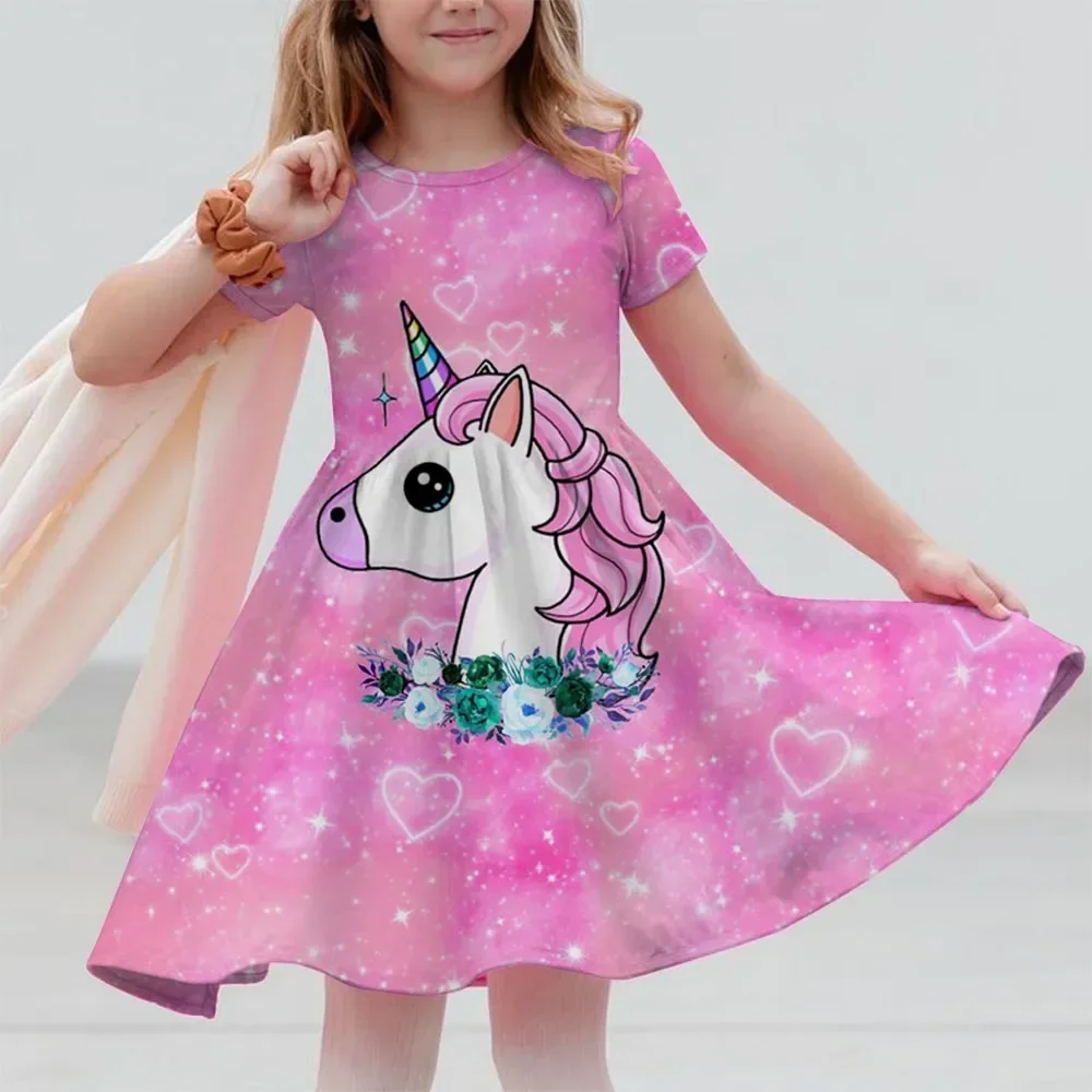 

New Baby Girls Short Sleeve Unicorns Print Dresses Clothes Bowknot Kid Summer Princess Dress Children Party Ball Pageant Outfit