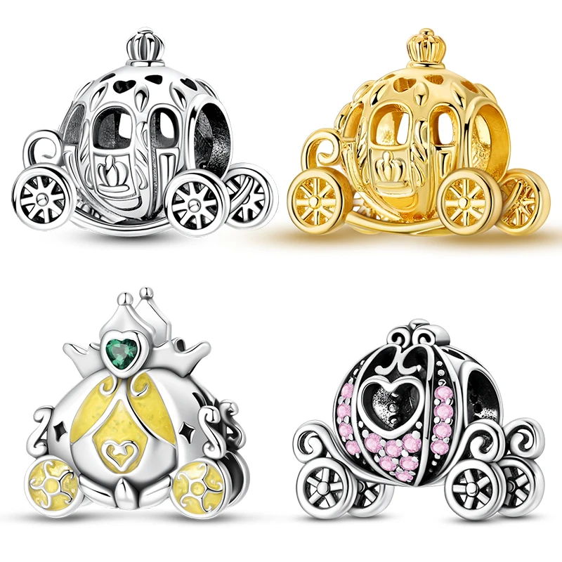 Original 925 Sterling Silber Goldener Königlicher Kürbis Auto-Anhänger Perle für Frauen Feiner DIY Geburtstagsschmuck Geschenke