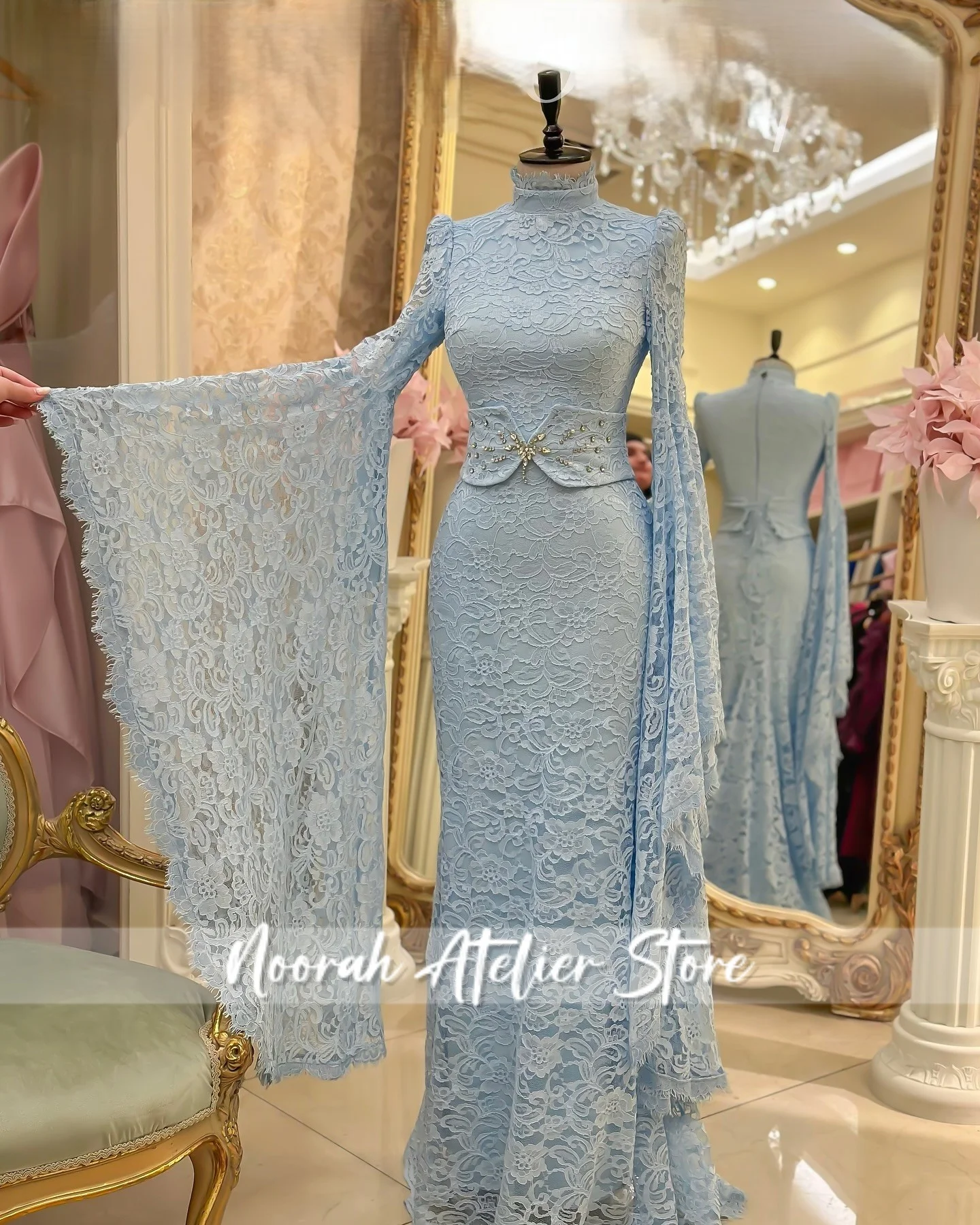 فساتين سهرة أنيقة من الدانتيل الأزرق H N Dubai 2025 فساتين زفاف بأكمام طويلة فستان للحفلات الراقصة فستان رسمي مخصص