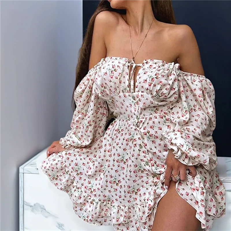 ABRT-Women's Floral Off Shoulder Puff Sleeve Short Dress Boho Frill Trim A Line Mini Dresses White S