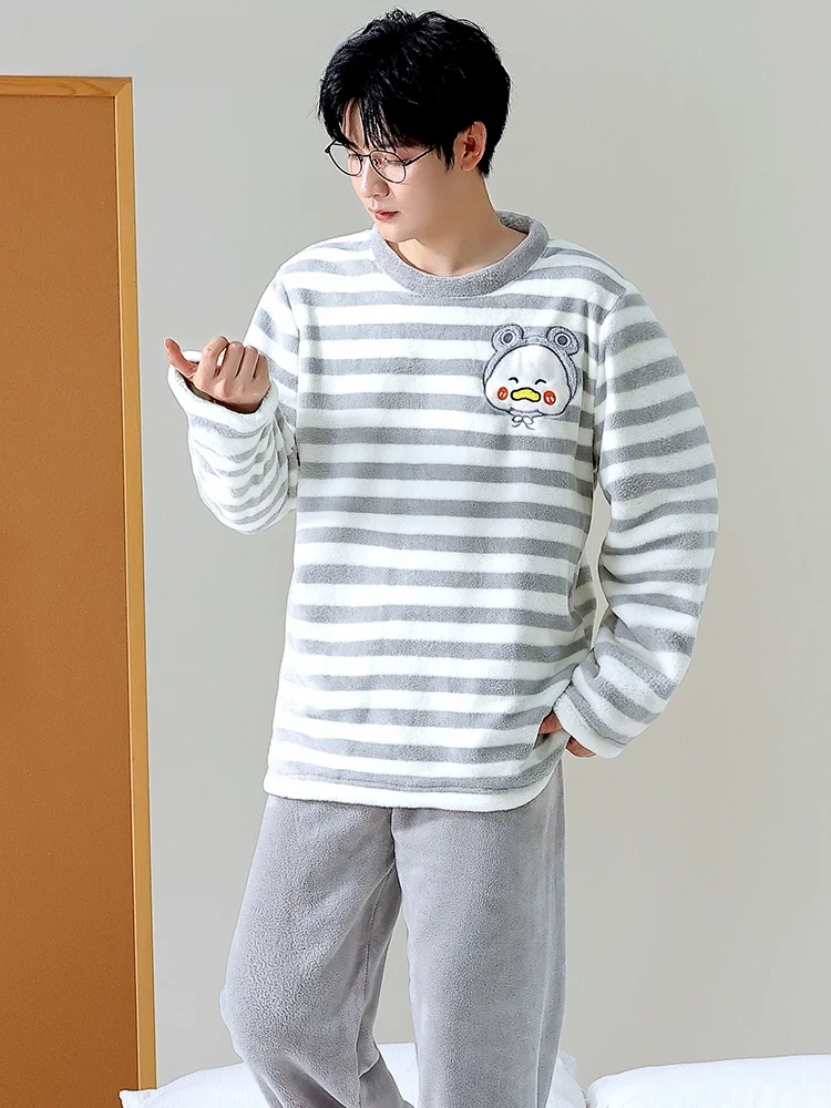 

Men's Thiened Fce Coral Velvet Warm Winter Pajamas Set Cartoon Home Clothes Long Sve round Ne Spwear Home Suit