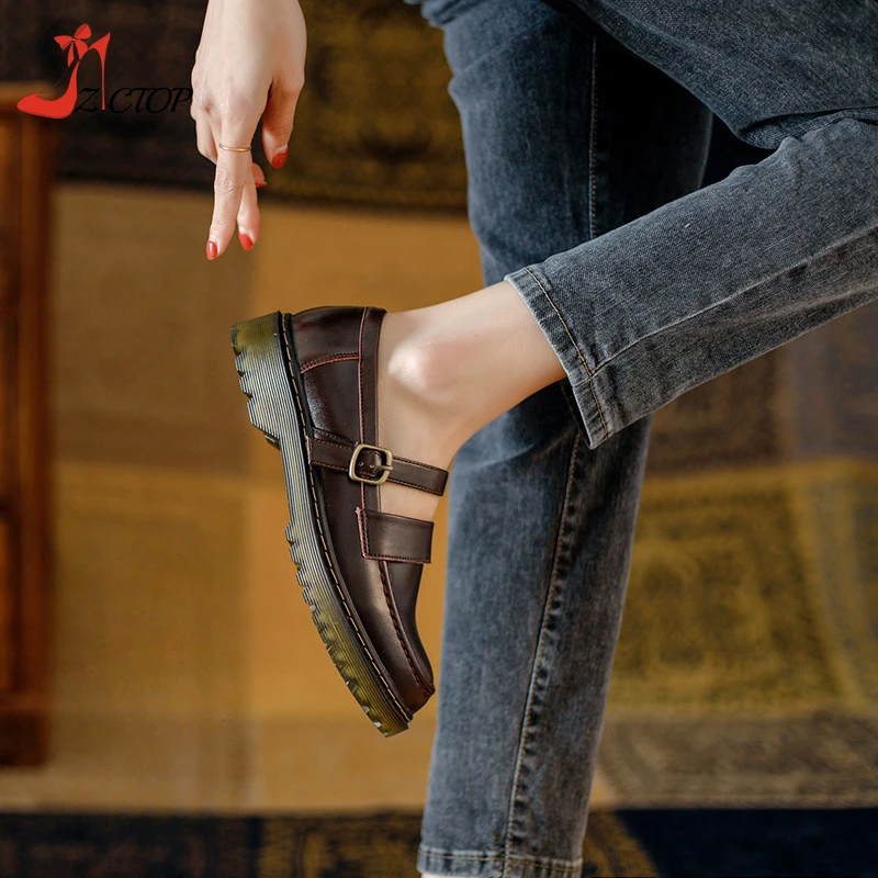 Retro Platform Mary Jane Lolita Shoes Women Chunky Heel Soft Bottom Flat Japanese School Jk Uniform Leather Shoes Brown Black
