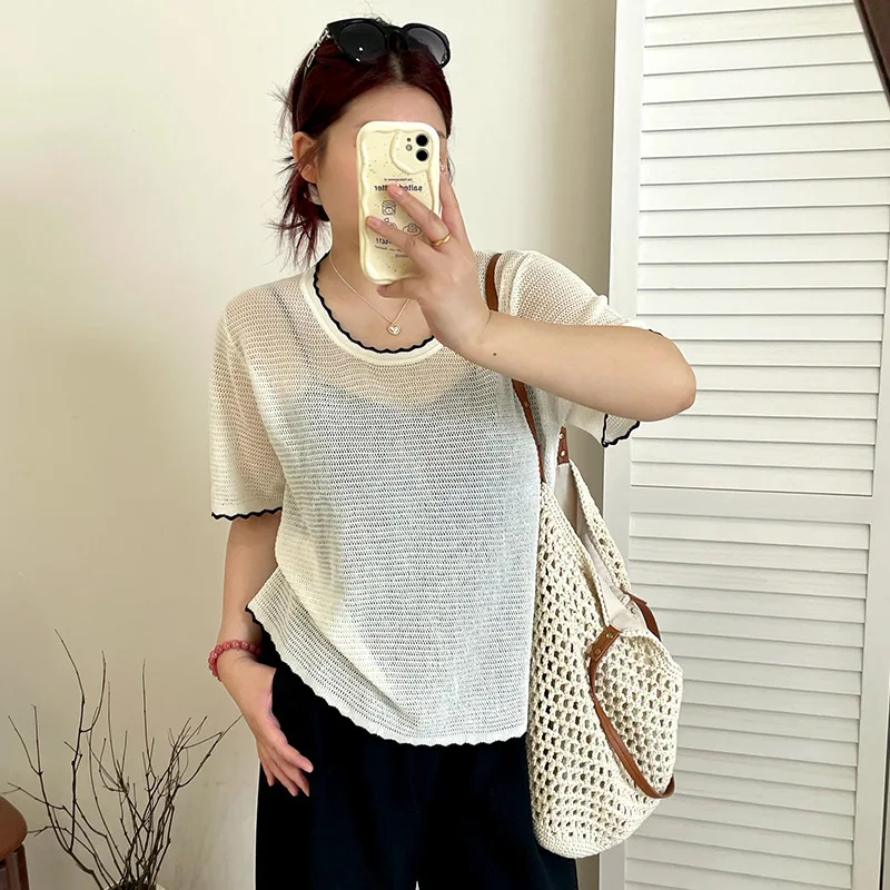 

Loose ort Sve round Ne Knitted Top Thin Summer Sle plus Size Women's T-irt Comfortable Breathable Casual Faion