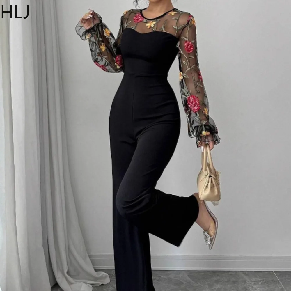 

HLJ Black Fashion Mesh Embroidery Stitching Straight Jumpsuits Women O Neck Long Sleeve Slim One Piece Playsuits Female Overalls