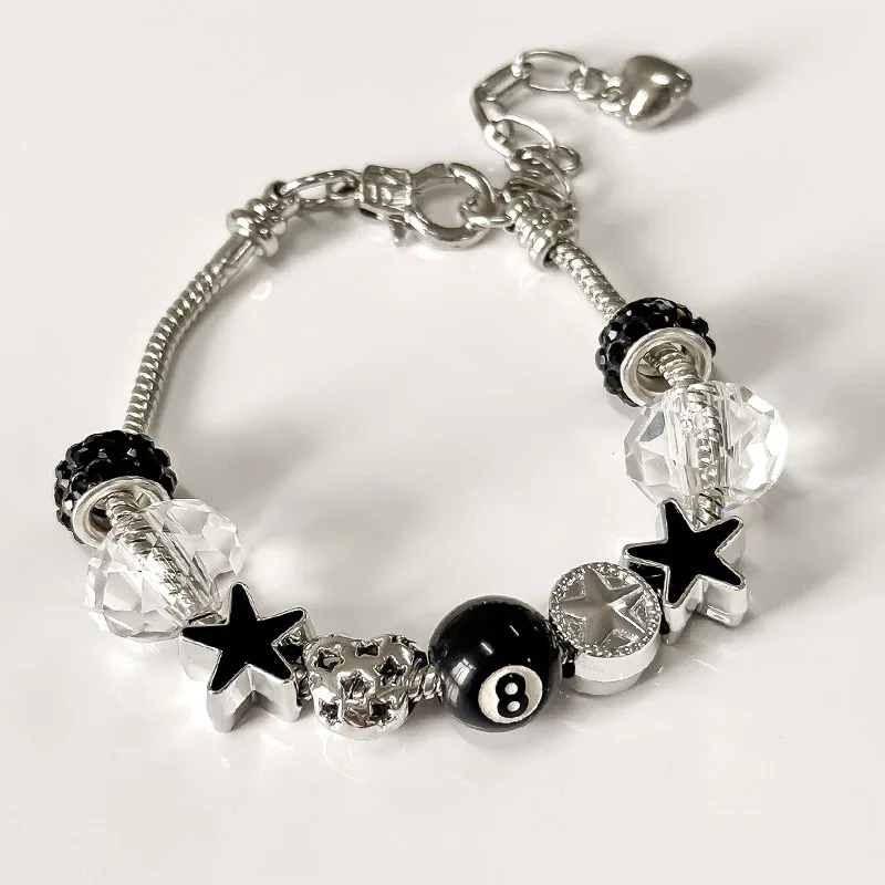 New Black 8 Ball Star Charm Bracelet Crystal Beaded Lucky Cross Love Heart Bracelets for Men Women Hand Jewelry Casual Accessory