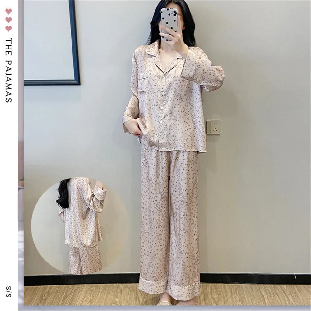

Fashion Luxury Leopard Pajamas Set Female Sleepwear Home Clothes Spring Autumn Shirt Trouser Suits Pyjama Silk Satin Lounge Wear