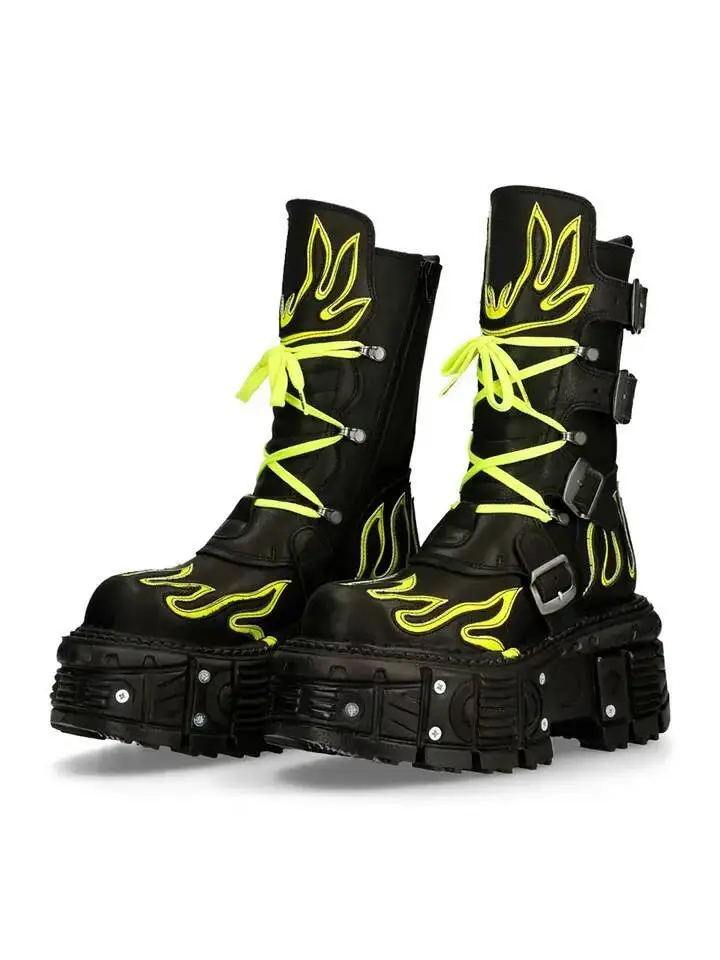 Байкерские ботинки в стиле ретро в стиле панк, ботинки на платформе с флуоресцентным пламенем и шнуровкой, нишевые дизайнерские рок-сапоги