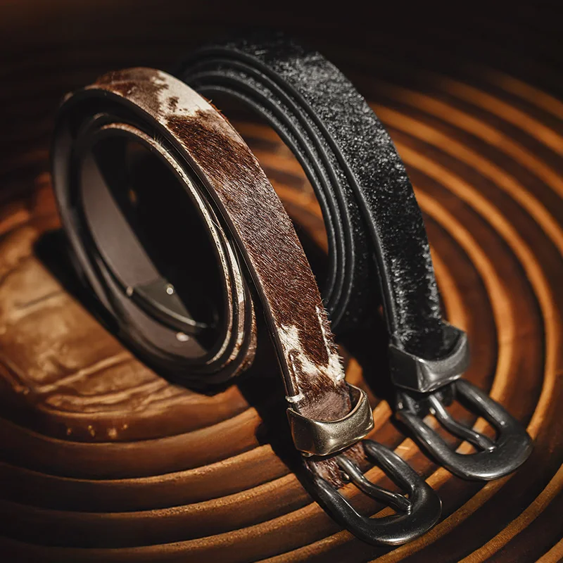 Maden Vintage Women's Leather Belt Black Leopard Print Narrow Cowhide Jeans Belt Pin Buckle Fashion Female Waist Accessories